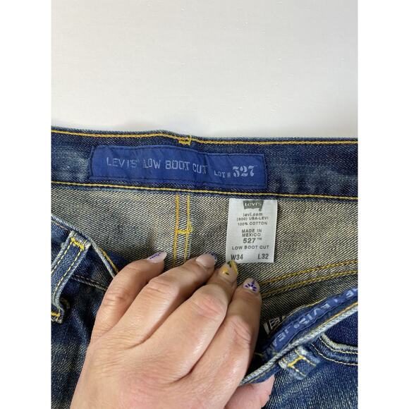 Vntg Levis Jeans Mens 34x33 Blue 527 Low Bootcut Distressed Denim Y2K Baggy - Picture 5 of 9